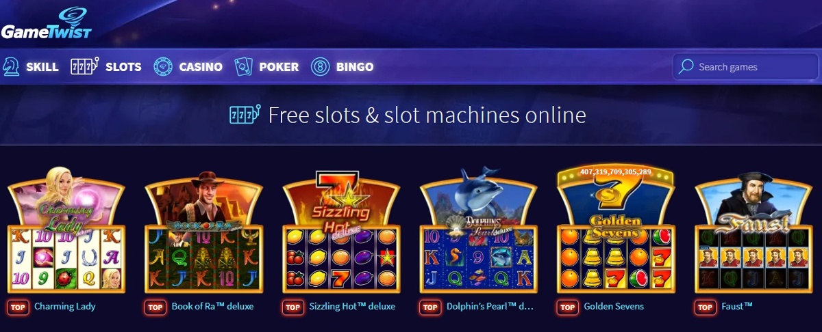 GameTwist slots page showing titles including Book of Ra deluxe, Sizzling Hot deluxe, and Golden Sevens